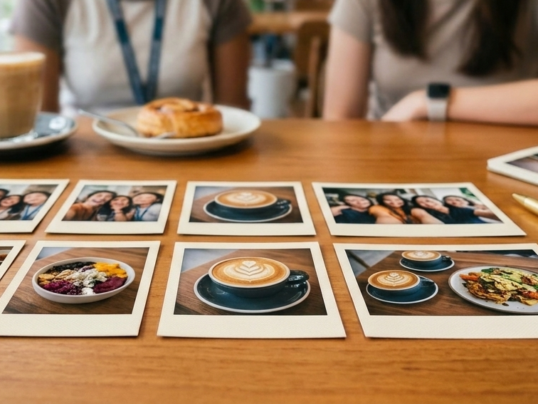 Retro polaroid style photo prints of coffee and friends spread out on a café table