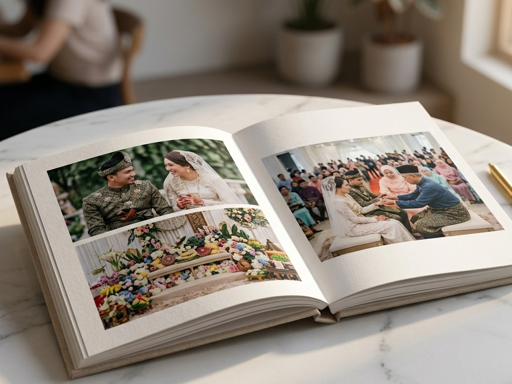 Open hardcover wedding photo book showcasing a traditional Malay wedding album on a marble table
