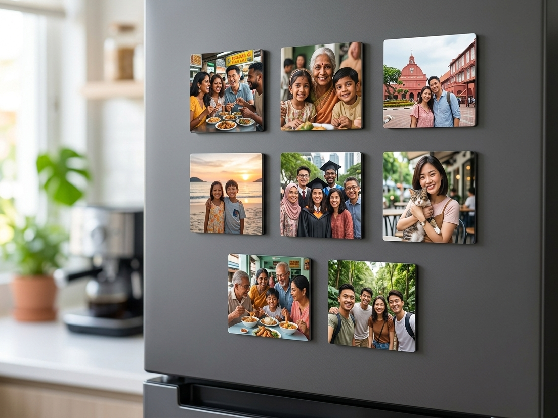Custom square photo fridge magnets featuring family vacation and graduation pictures on a refrigerator door